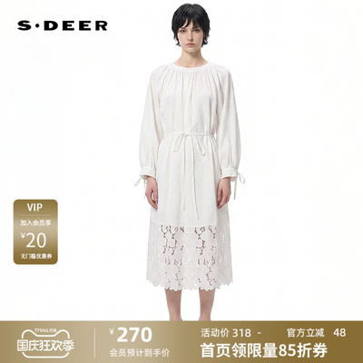 s.deer复古碎褶收腰绣花连衣裙