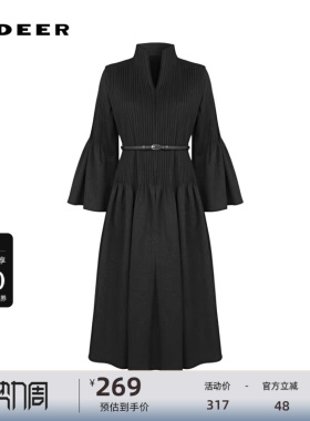 sdeer圣迪奥女装V领风琴褶收腰喇叭袖连衣裙S233Z12X6