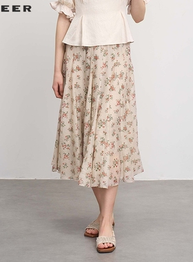 sdeer圣迪奥25年新品女装田园风松紧高腰碎花不规则长裙S252Z1103