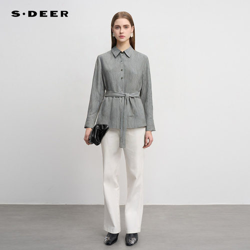 s.deer翻领收腰基本款长袖衬衫
