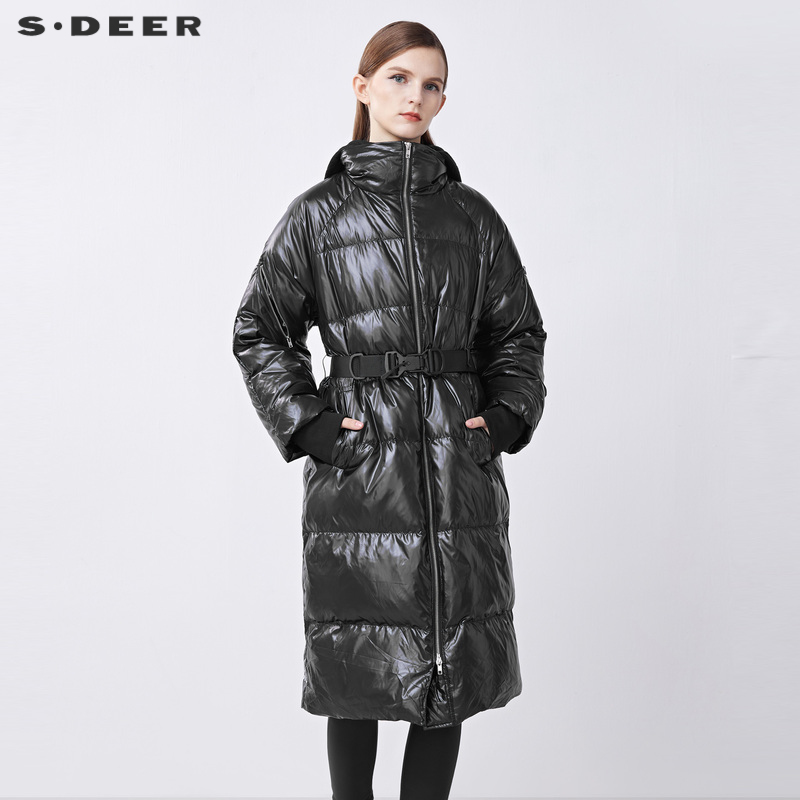 sdeer圣迪奥女装休闲连帽收腰撞色字母长款羽绒服S21482429