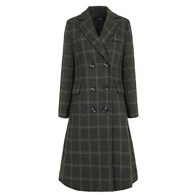s.deer西装领双排扣格纹毛呢大衣