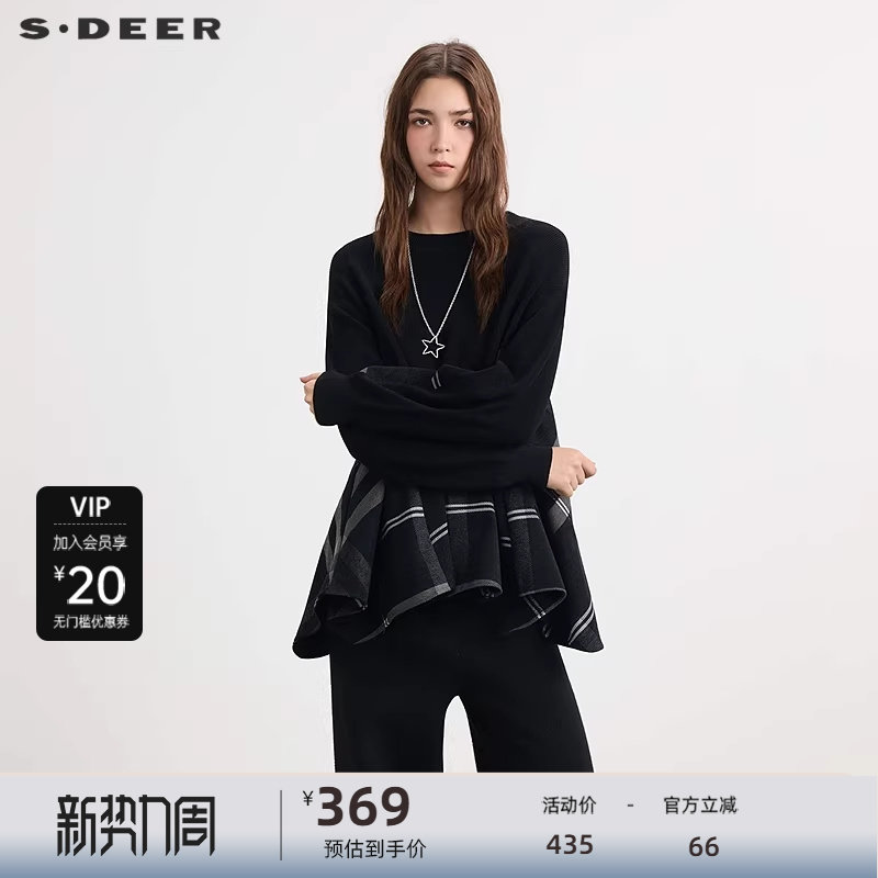 s.deer圣迪奥女装25年新品罗纹圆领撞色格纹宽松针织衫S25
