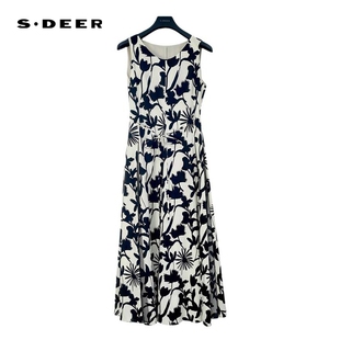 sdeer圣迪奥女装圆领撞色印花收腰无袖连衣裙S242Z12A1