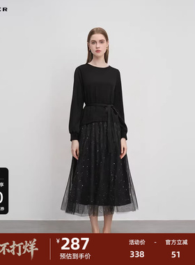 【新年款】sdeer圣迪奥女装圆领收腰拼接网纱优雅连衣裙S241Z1205