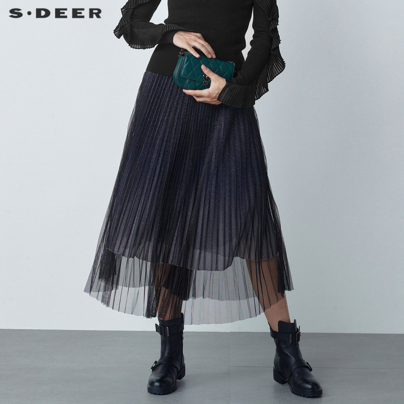 sdeer圣迪奥女装秋优雅松紧渐变百褶网纱不规则长裙S221Z1