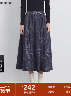 sdeer圣迪奥女装复古印花碎褶不规则A字伞裙S233Z1146