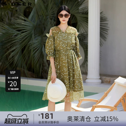 s.deer网纱露肩复古连衣裙