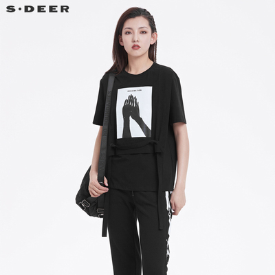 S·DEER圣迪奥女装个性圆领撞色字母抽绳短袖T恤S22280118