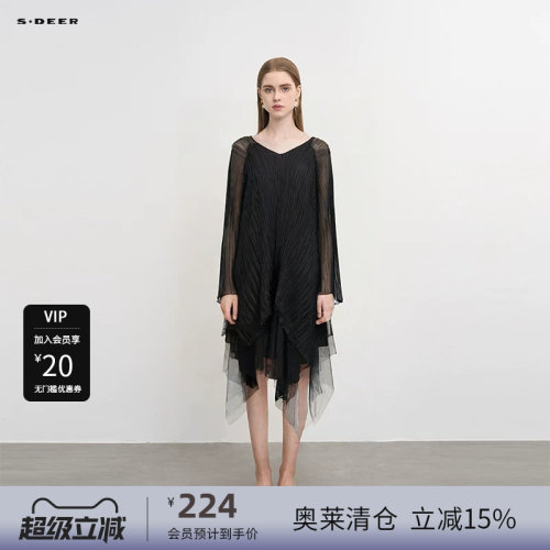 s.deerV领褶皱网纱两件套连衣裙