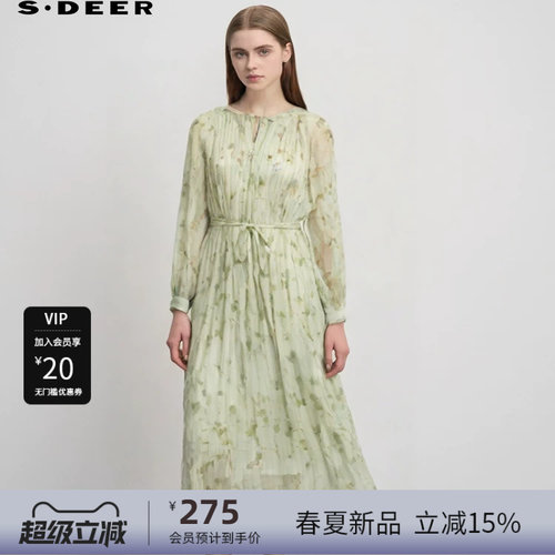 s.deer圆领风琴褶收腰印花连衣裙