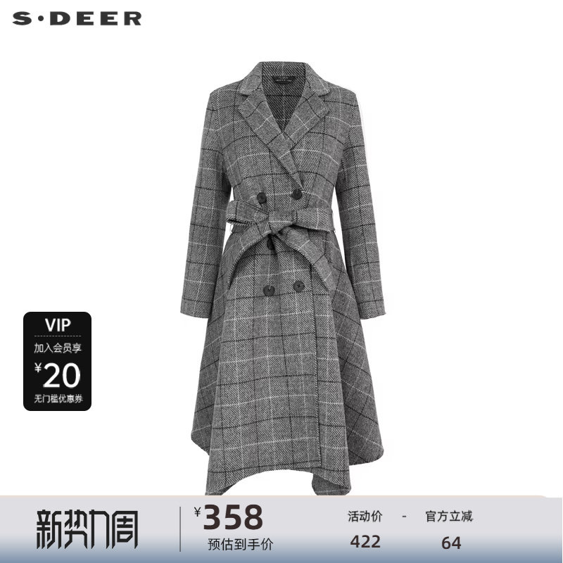 sdeer圣迪奥女装西装领格纹收腰毛呢长款大衣S22482513