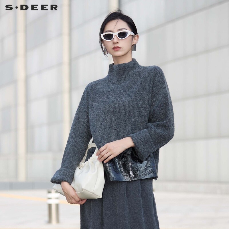 sdeer圣迪奥女装时尚半高领龟裂印花宽松针织衫S24483514,女装/女士精品,毛针织衫,淘宝优惠券,粉丝福利购,淘宝优惠卷