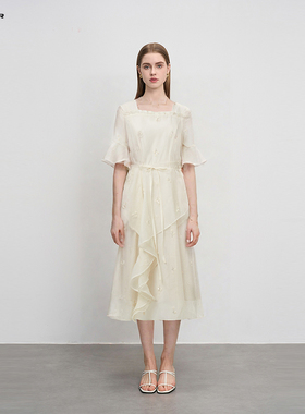 sdeer圣迪奥女装优雅方领收腰网纱收腰短袖连衣裙S242Z1288