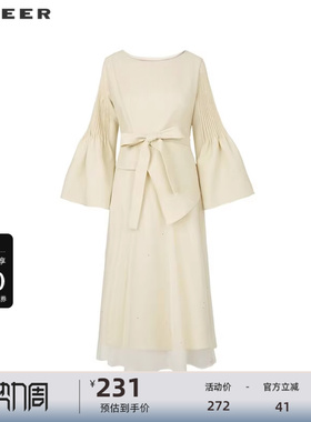 sdeer圣迪奥女装秋圆领压褶收腰网纱喇叭袖连衣裙S241Z1252