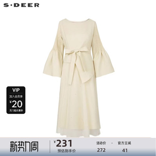 sdeer圣迪奥女装 连衣裙S241Z1252 秋圆领压褶收腰网纱喇叭袖
