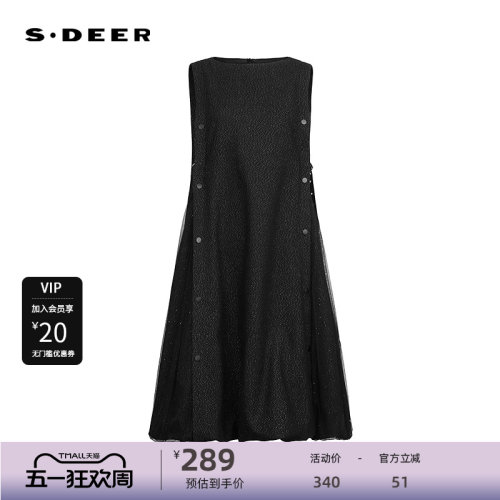 sdeer圣迪奥女装复古圆领网纱拼接宽松无袖连衣裙S244Z1258