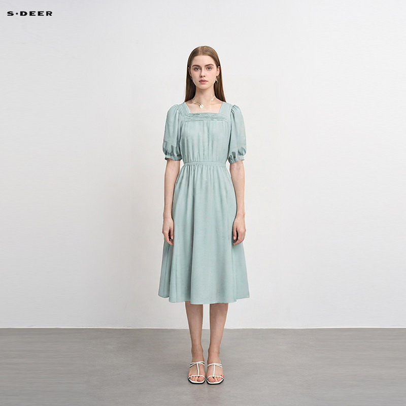 S·DEER圣迪奥女装气质时尚方领压褶泡泡袖收腰连衣裙S233Z