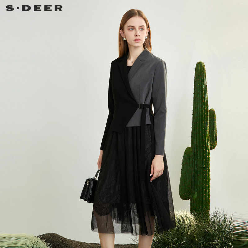 sdeer圣迪奥女装西装领撞色收腰网纱连衣裙套装S2318140
