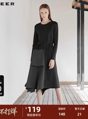 S·DEER圣迪奥女装时尚圆领抽绳格纹拼接长袖连衣裙S21461231