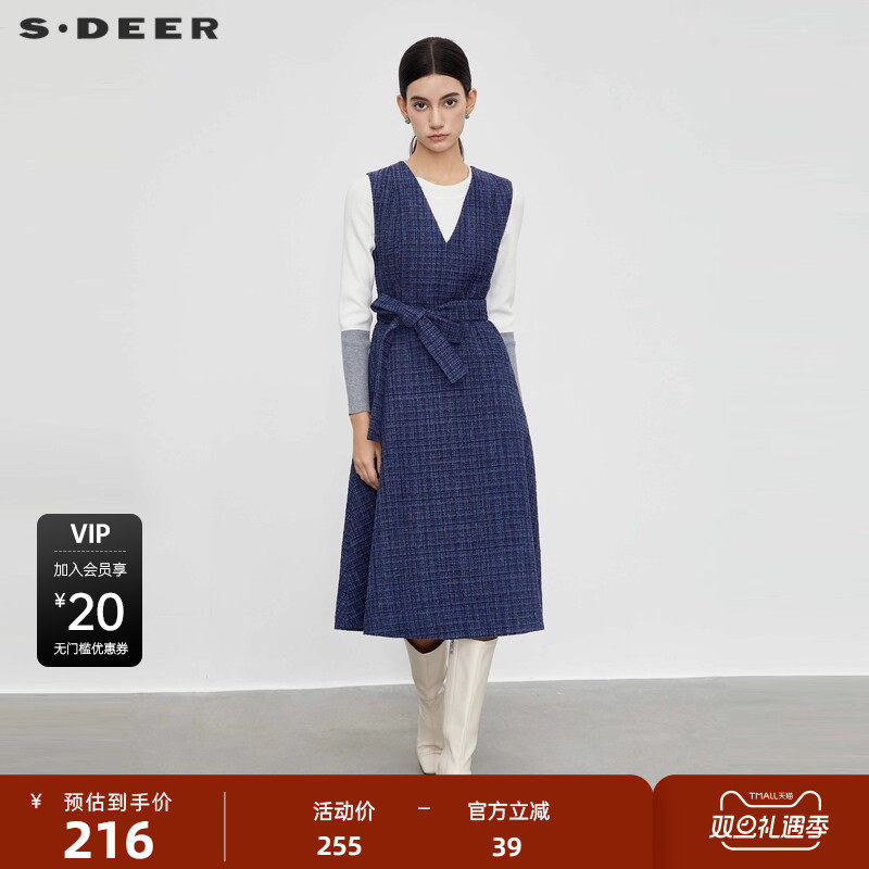 sdeer圣迪奥女装小香风套装V领格纹收腰无袖连衣裙S23461