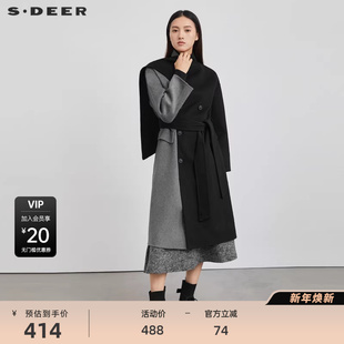 sdeer圣迪奥女装 大衣S223Z2505 不规则领撞色收腰毛呢长款