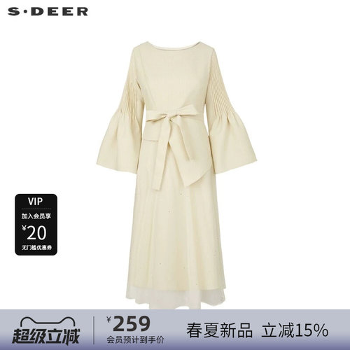 s.deer压褶网纱喇叭袖连衣裙