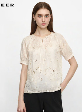 sdeer圣迪奥女装25年新品田园风圆领绣花不规则短袖上衣S252Z3229