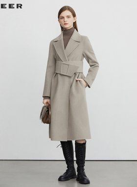 sdeer圣迪奥女装西装领长款毛呢大衣腰带随机S224Z2526