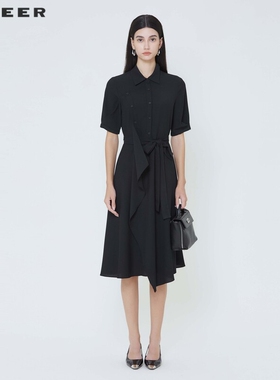 sdeer圣迪奥女装翻领拼接收腰垂坠衬衫连衣裙S242Z1226