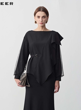 sdeer圣迪奥女装OL风圆领网纱收腰不规则衬衫S243Z0528