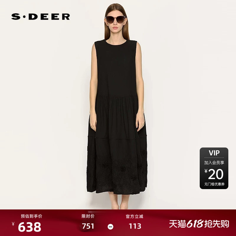 sdeer圣迪奥女装25年新品田园风圆领绣花无袖连衣裙S2528