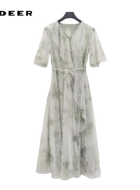 sdeer圣迪奥女装清新V领收腰荷叶边网纱晕染连衣裙S242Z12Q1