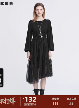 S·DEER圣迪奥女装秋时尚圆领收腰网纱蕾丝长袖连衣裙S22181207