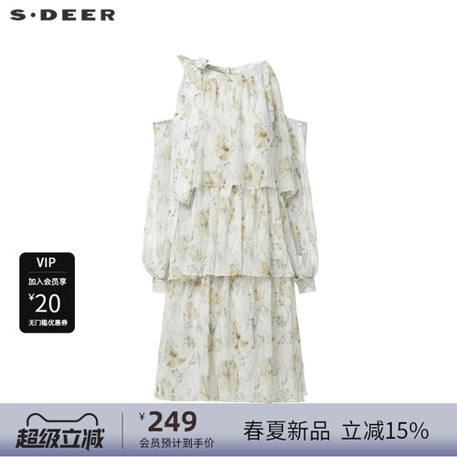 s.deer系带露肩印花雪纺连衣裙