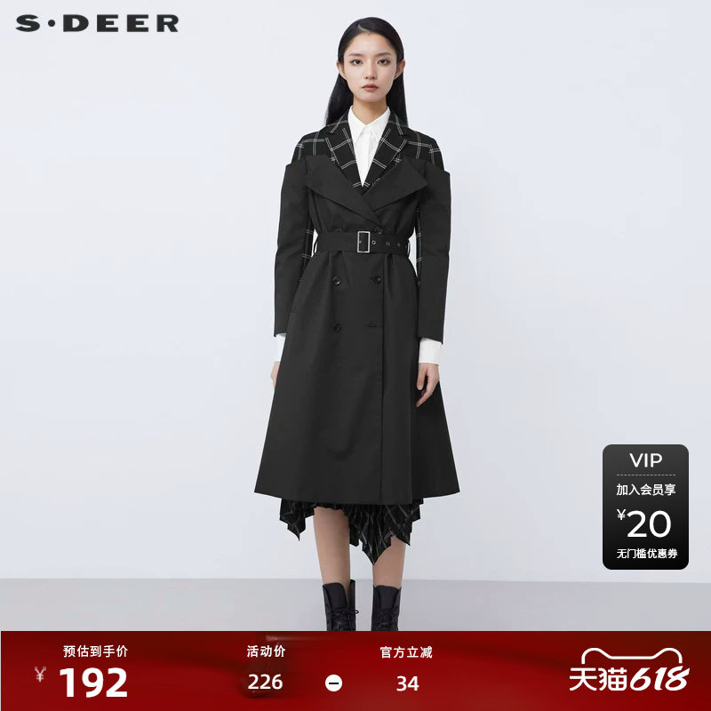 sdeer圣迪奥女装2025秋款休闲西装领格纹拼接长款风衣S21381808