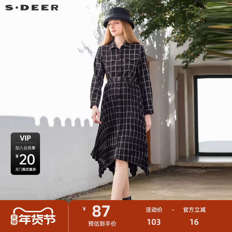 【秒杀】sdeer圣迪奥女装复古翻领格纹百褶收腰连衣裙S2146