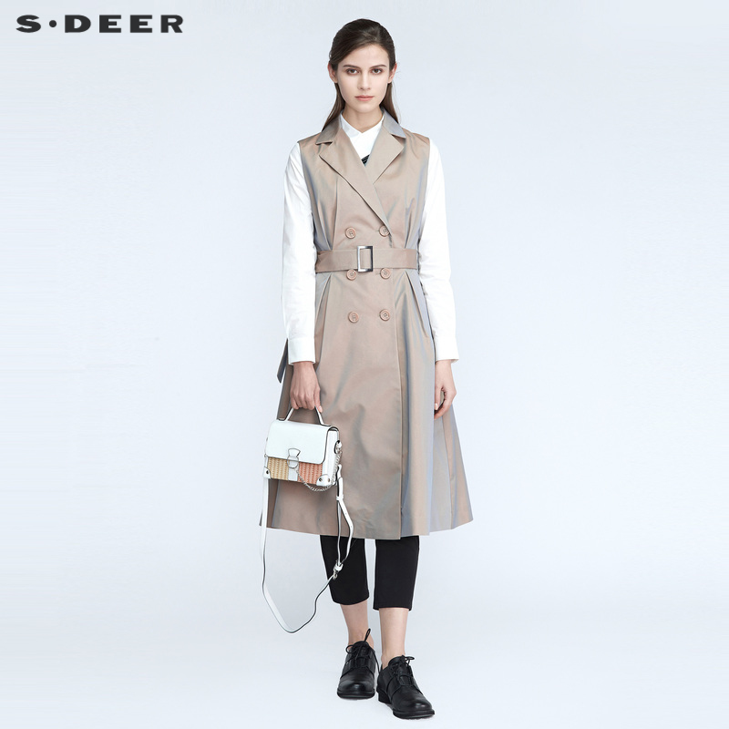 S·DEER圣迪奥女装春季新简约西装领双排扣收腰长款马甲S21181601
