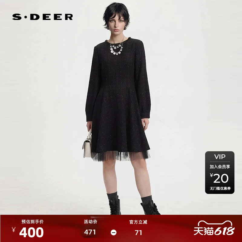 sdeer圣迪奥女装26年早春格纹网纱拼接开春高级感连衣裙S261Z1216