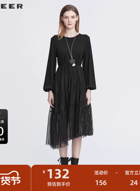 S·DEER圣迪奥女装秋时尚圆领收腰网纱蕾丝长袖连衣裙S22181207