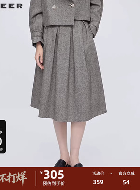sdeer圣迪奥女装25年新品学院风复古高腰百褶毛呢长裙S253Z1141