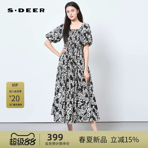 sdeer圣迪奥女装度假风方领印花收腰短袖连衣裙S252Z1293
