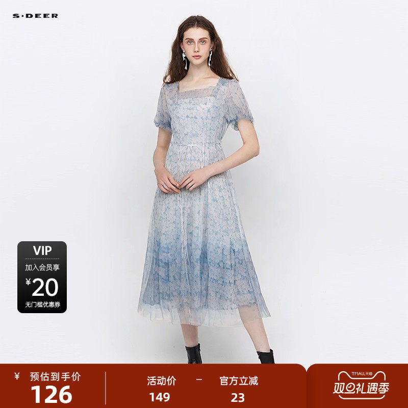 sdeer圣迪奥方领碎花收腰网纱泡泡袖连衣裙S223Z12Z7