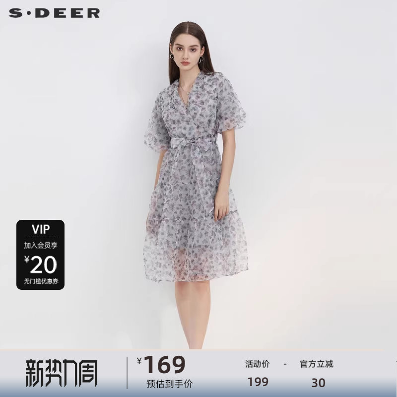 sdeer圣迪奥女装秋V领碎花收腰泡泡袖连衣裙S223Z120E