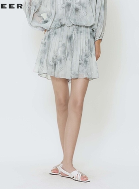 sdeer圣迪奥女装田园风套装松紧水墨晕染A字短裤S242Z0901