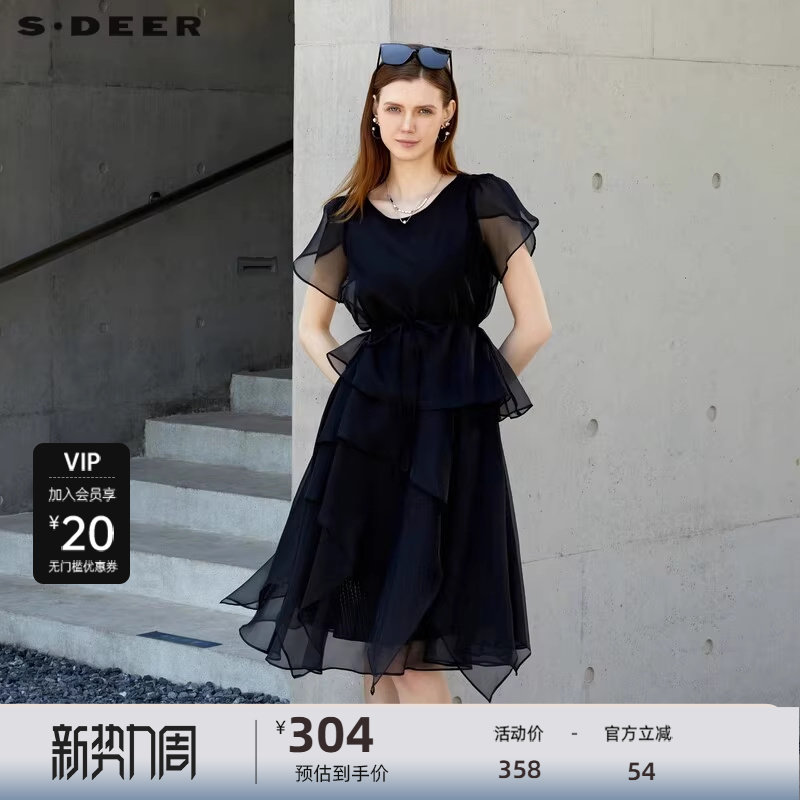 【新品上新】sdeer圣迪奥圆领条纹网纱泡泡袖连衣裙S23281