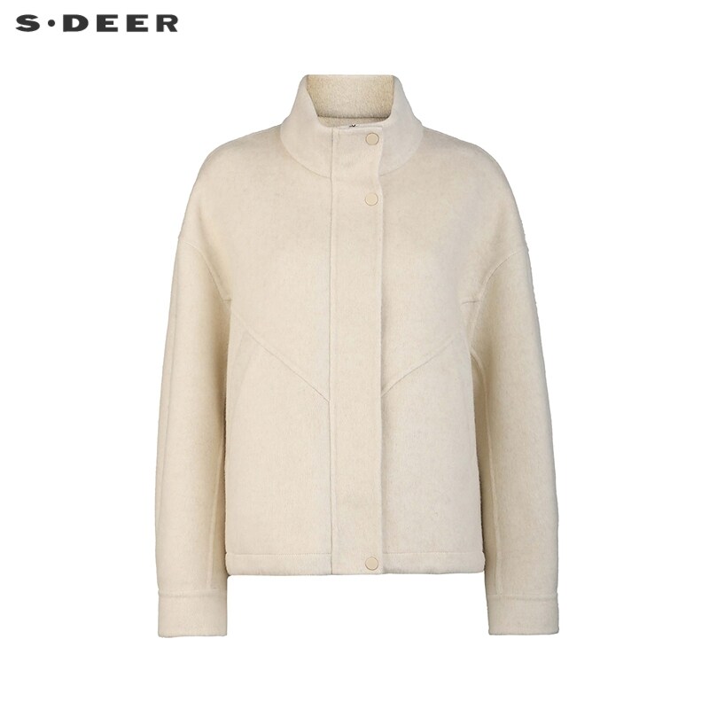 sdeer圣迪奥女装25年新品OL风立领插袋拼接短款毛呢大衣S254Z2607