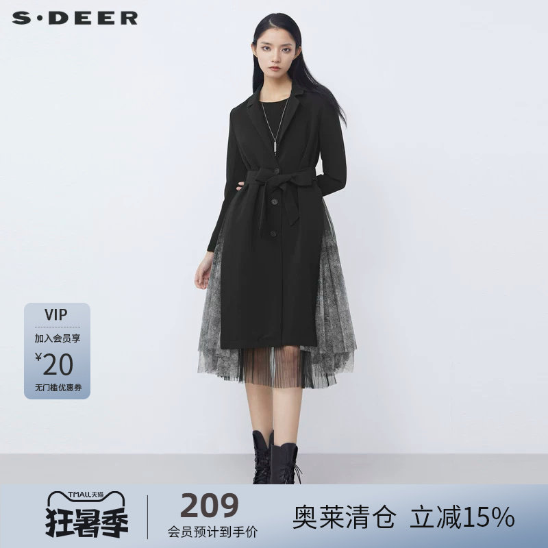 sdeer圣迪奥女装西装领单排扣收腰网纱拼接长款风衣S21381812