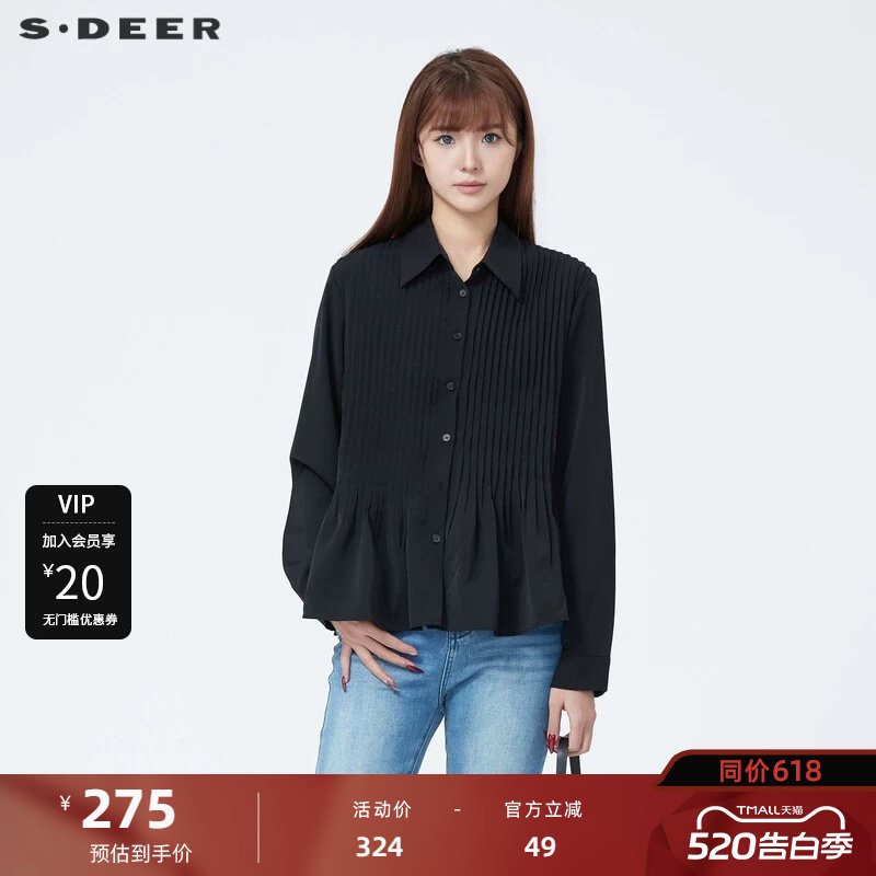 sdeer圣迪奥女装休闲翻领风琴褶垂坠雪纺衬衫S23480502