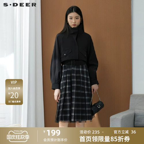 连衣裙套装 格纹收腰 网纱拼接